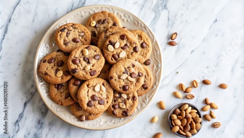 A plate of freshly baked chocolate chip and peanut butter cookies on a marble surface with scattered nuts