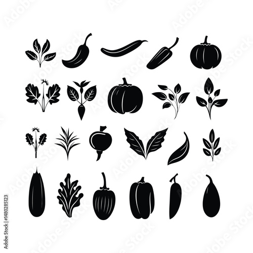 Vegetable Set Silhouette Clipart on a White Background