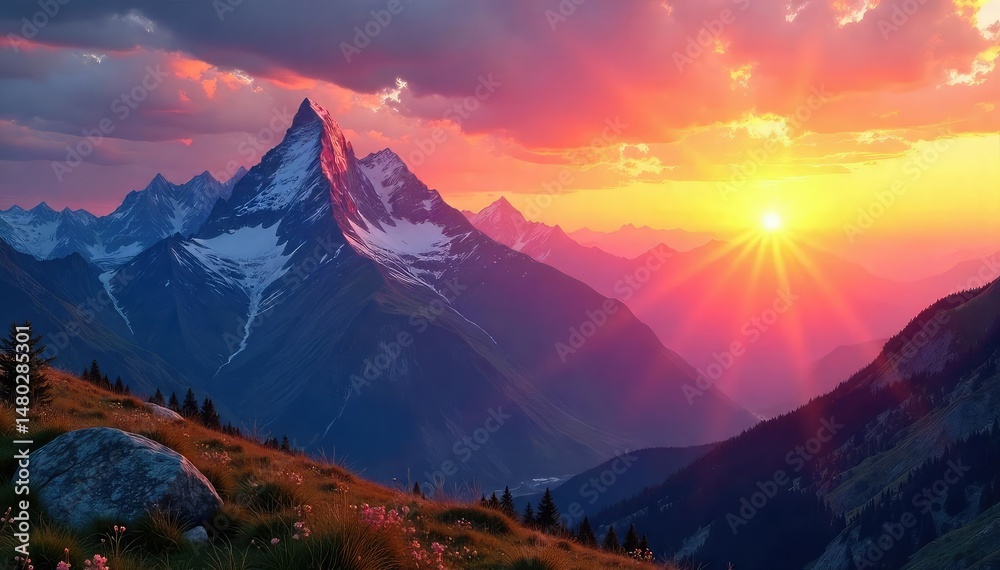 Obraz premium Vibrant sunrise over a majestic mountain range , adventure, tranquil, color