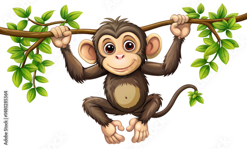 cute monkey hanging a tree branch cartoon illustration  isolated on a white background. PNG Transparent file type with high definition quality Available.