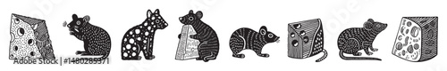 Hand-Drawn Illustration of Various Animals and Cheese in Black Ink