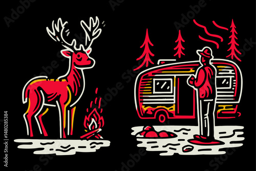 Colorful Illustration of Deer and Camper in a Cozy Forest Scene