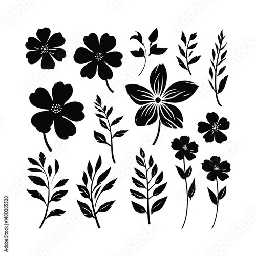 Violet Flower Set Silhouette Clipart on a White Background