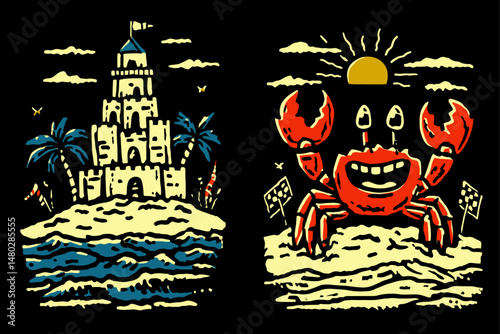 Fun Summer Beach Scene with Crab and Sandcastle Illustration