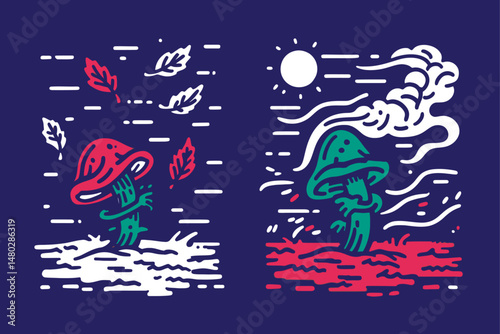Colorful Cartoon Mushroom Character Surrounded by Nature Elements