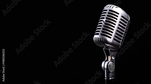 Vintage microphone stands elegantly against black background, symbolizing music and performance