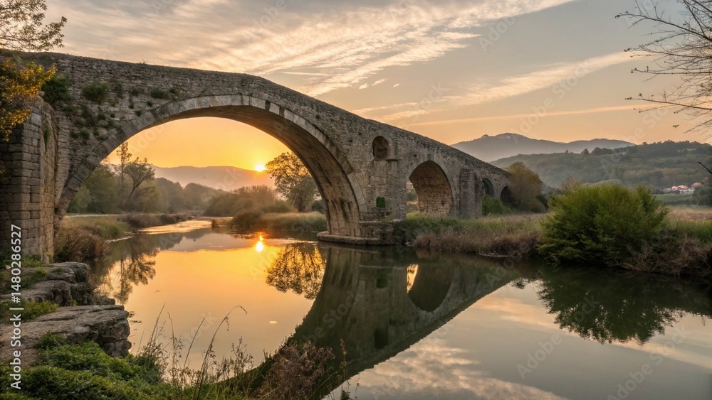 Obraz premium Ancient Stone Bridge at Sunset Over Calm River