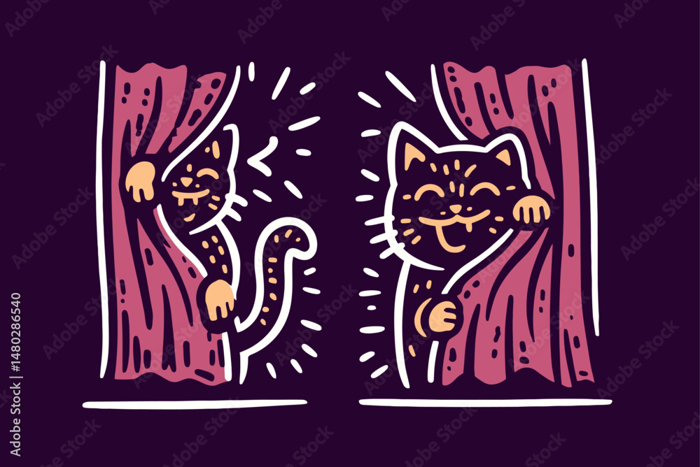 Playful Cat Illustrations Behind Curtains in Vibrant Artistic Style