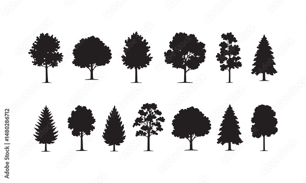 Black Tree Silhouettes Collection – Diverse Tree Vector Icons