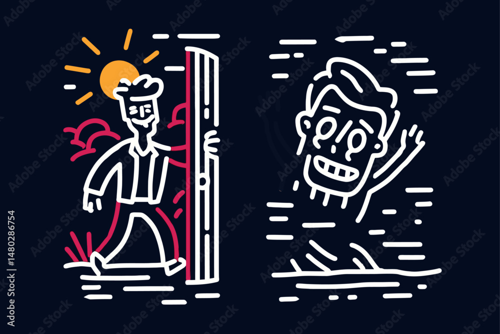 Naklejka premium Person Emerging from Door with Background of Sun and Water Illustration