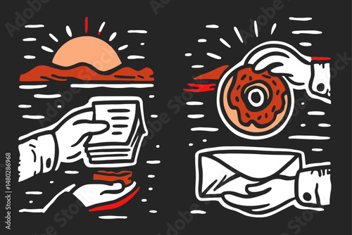 Hand-Drawn Illustration of Sunset, Documents, Donut, and Envelope