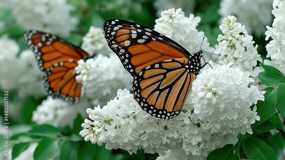 Obraz premium Monarch butterflies on white flowers