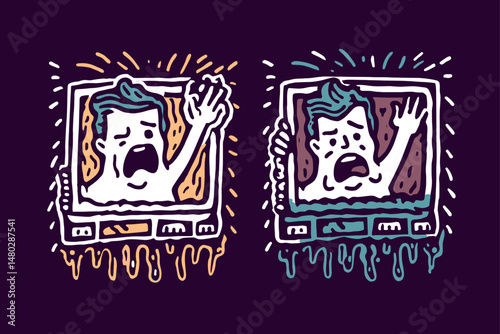 Surreal Illustration of a Person Trapped in a Television Screen