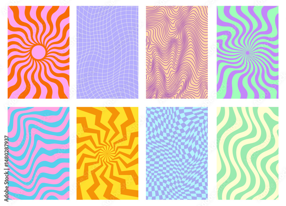 Set Of Groovy Psychedelic Patterns Vector Design. Collection of Abstract Geometric Funny Playful Backgrounds. Trippy Textures.