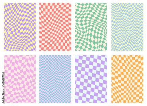 Set Of Groovy Checkered Textures Vector Design. Collction of Abstract Psychedelic Funky Patterns. Pop Art Geometric Backgrounds.