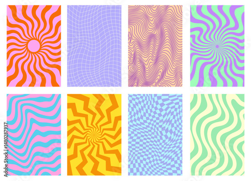 Set Of Groovy Psychedelic Patterns Vector Design. Collection of Abstract Geometric Funny Playful Backgrounds. Trippy Textures.