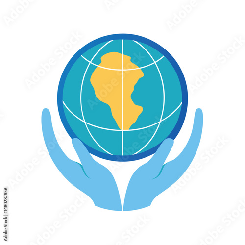 Illustration of earth globe being held gently in cupped hands representing global care