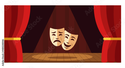 Dramatic theater masks symbolizing comedy and tragedy on stage  