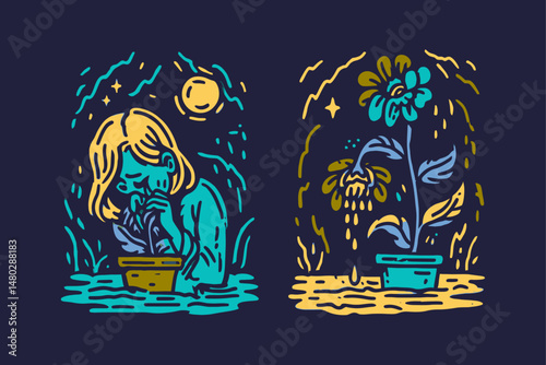 Creative Illustration of a Girl and a Flower with Unique Art Style