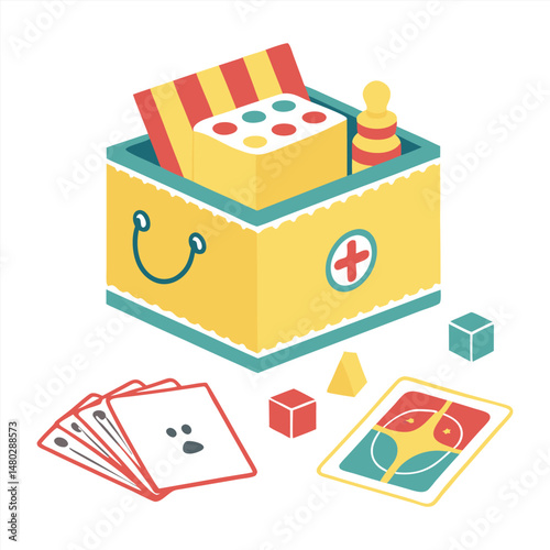 A toy box filled with white background educational toys.