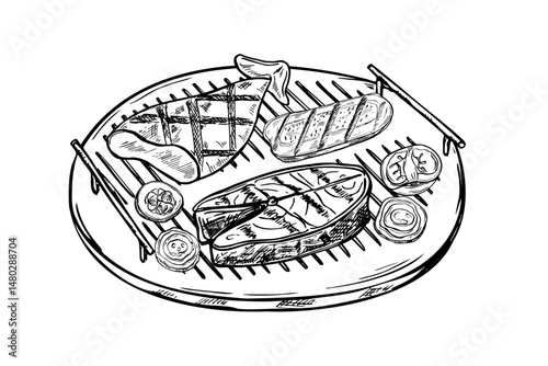 Grilled seafood and vegetables on round grill grid line art black ink sketch. Monochrome fish, squid, onion, tomato, zucchini on wire rack. BBQ vector illustration culinary blogs, restaurant menus.
