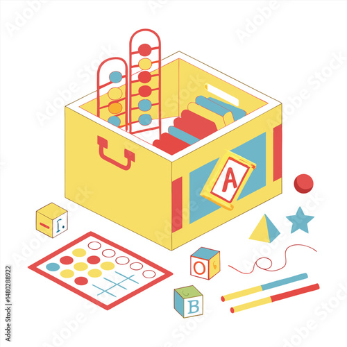 A toy box filled with white background educational toys.