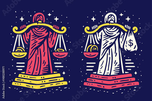 Creative Illustration of Lady Justice Holding Scales and Money Bag