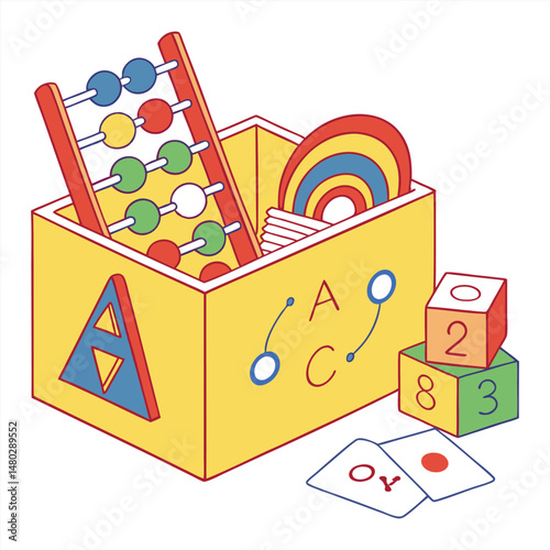 A toy box filled with white background educational toys.