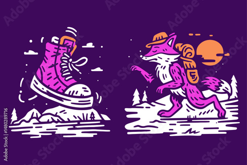 Vibrant Illustration of Boot and Fox with Backpack in Nature Scene
