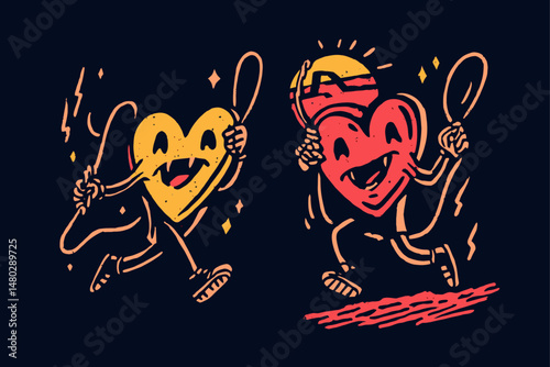 Playful Heart Characters with Rackets on Dark Background
