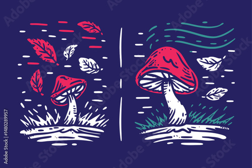 Colorful Mushroom Illustration with Leaves and Abstract Background