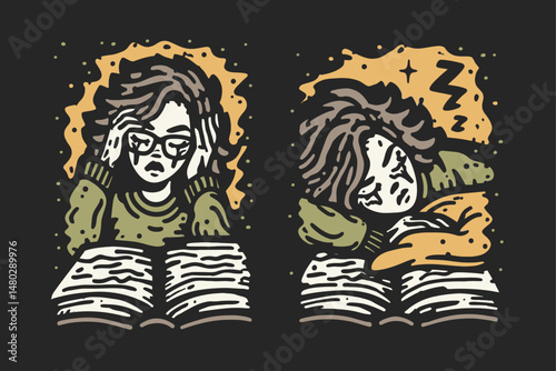 Illustration of Student Struggling and Sleeping While Studying