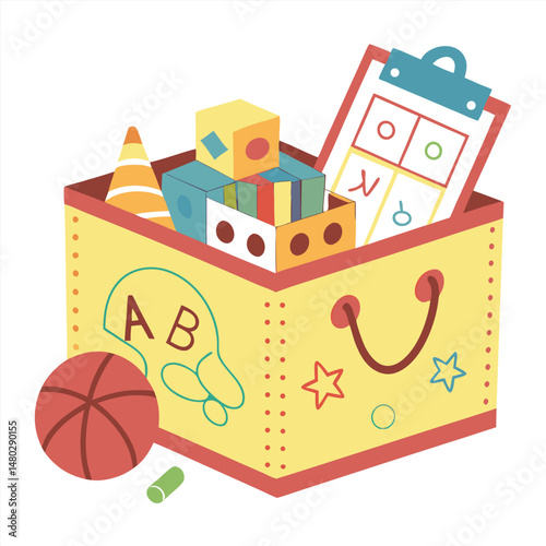 A toy box filled with white background educational toys.