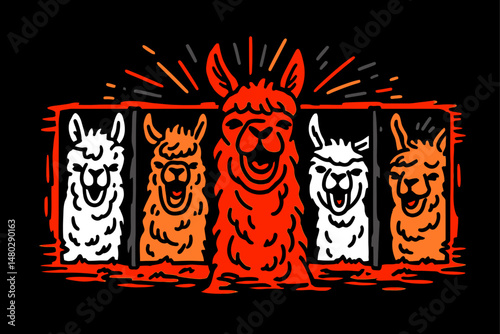 Colorful Illustration of Llamas on Black Background for T-Shirt Design