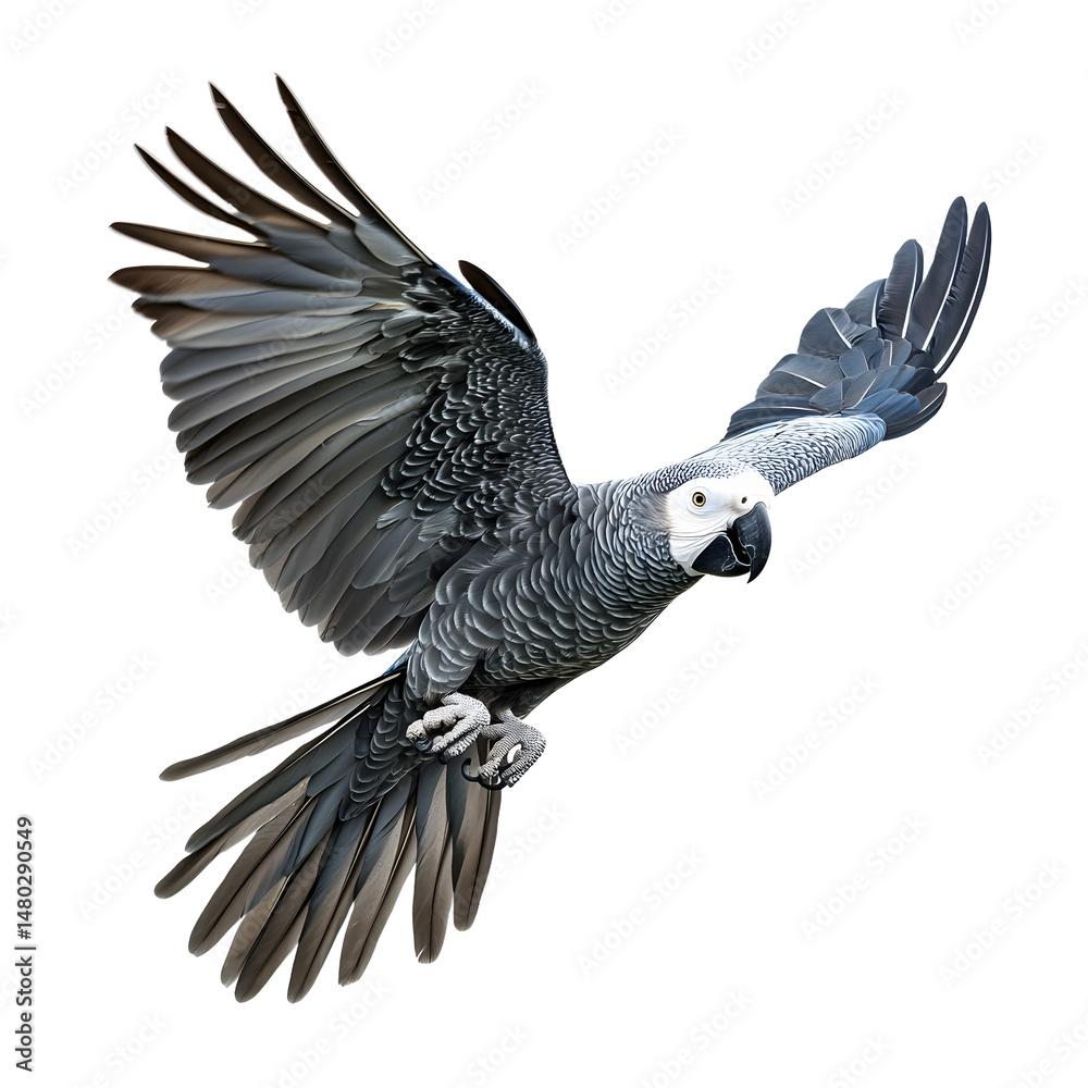 Fototapeta premium Grey parrot in flight, showcasing intricate feather details.