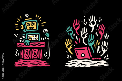 Colorful Robot Illustration with Hands Emerging from Box