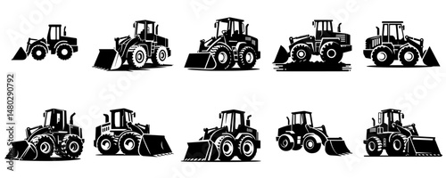 collection of wheel loader silhouettes style vector flat design