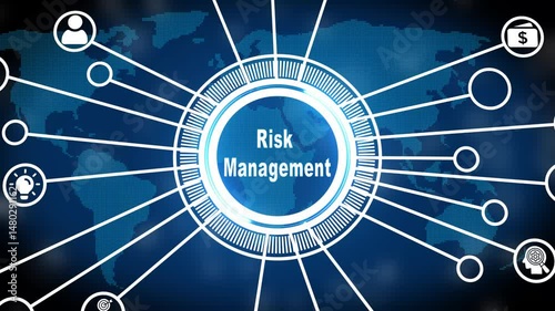 Animated risk management graphic with world map background demonstrating strategy and security