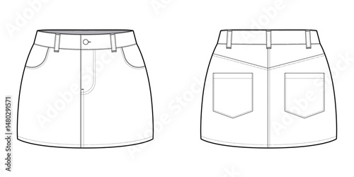 Denim Skirt Mini Skirt- Front and Back View - Flat Vector Illustration- CAD Mock-up 
