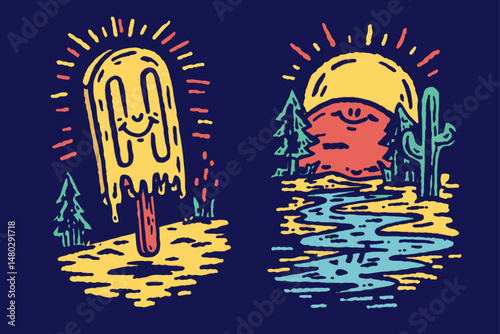 Colorful Retro Illustration of Popsicle and Desert Scene