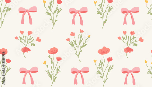 Floral Trellis Seamless Pattern with Bows and Ribbons � Preppy Spring Summer Hand-Drawn Flowers for Fabric, Wallpaper, or Wrapping Paper