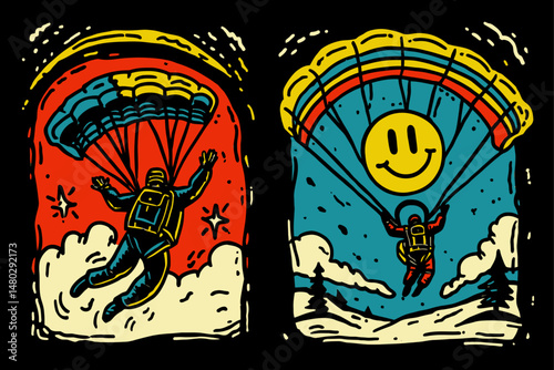 Vintage Inspired Parachuting Illustration with Smiley Face Design