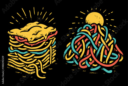 Vibrant Enamel Pin Style Food Illustration Featuring Pasta and Sun