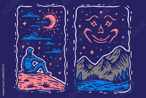 Artistic Illustration of Dreamy Landscape and Wilderness in Blue Tones
