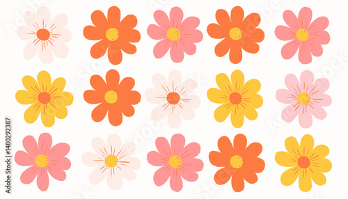 Hippy Groovy Daisy Flowers Set � Retro 60s and 70s Style Hand-Drawn Decorative Elements in Pastel Colors for Kids Decor