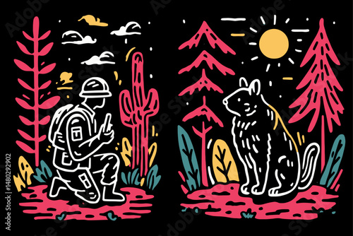 Soldier and Dog in Nature Illustration with Bold Colors and Shapes
