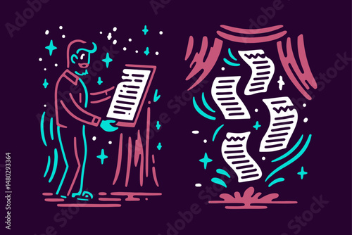 Colorful Hand-Drawn Illustration of a Man with Floating Papers