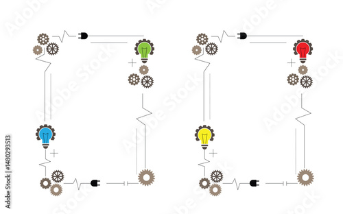Wired Technology and Electricity Circuit Frame with Gear and Light Bulbs. Hi tech minimalist frames vector art