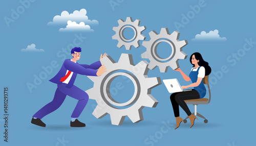 usiness entrepreneur with cog wheels. Entrepreneur standing on gear wheels with effective business elements. Project initiation or project execution. Mechanism Business start up concept. Vector