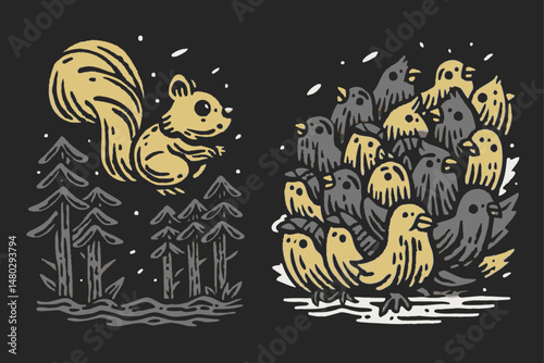 Playful Squirrel and Flock of Birds Hand-Drawn Illustration